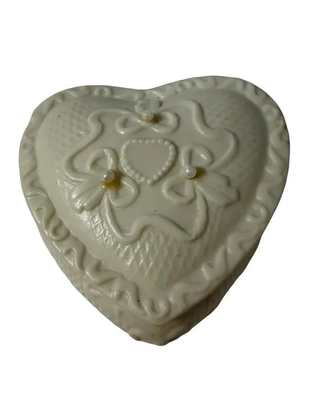Vintage White Heart Trinket Box Ceramic Wedding Favor Ring Box Pearl Accents